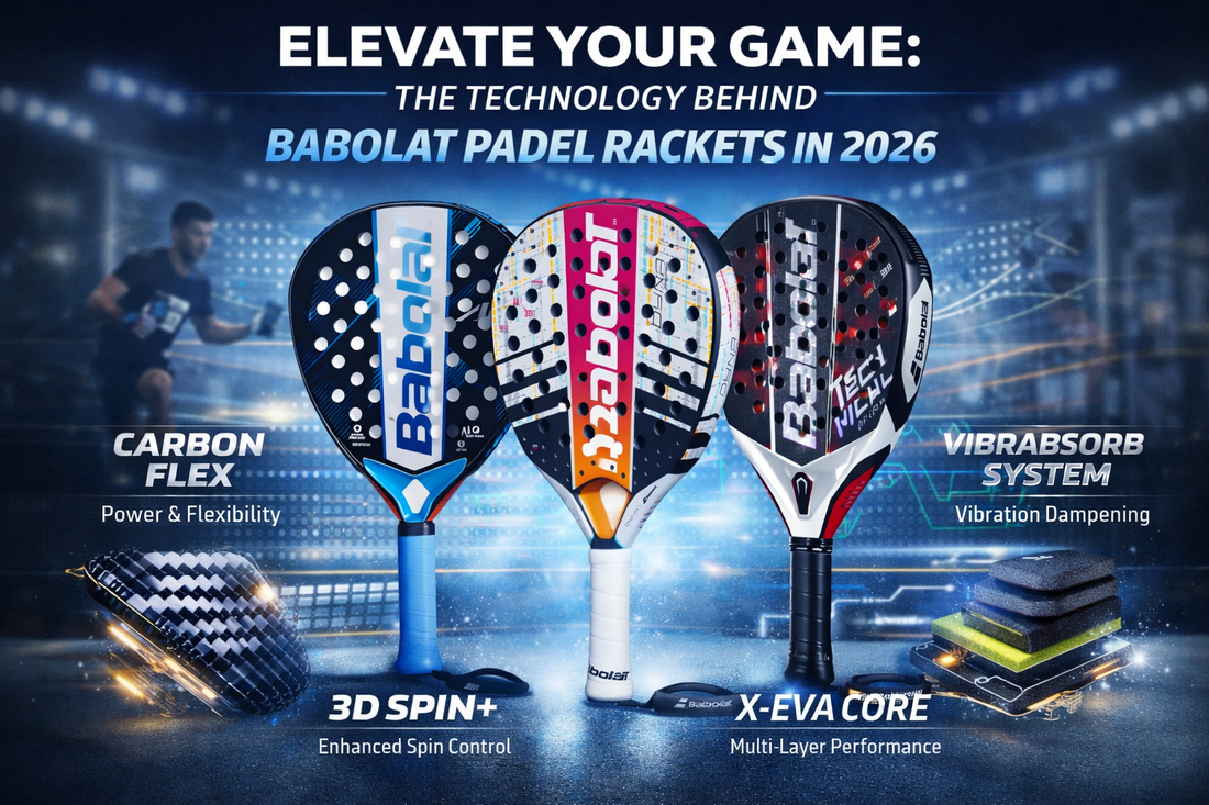 Babolat Air Origin, Dyna Energy, and Technical Viper padel rackets displayed with technology highlights