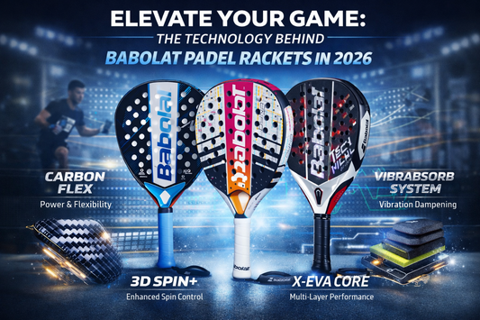 Babolat Air Origin, Dyna Energy, and Technical Viper padel rackets displayed with technology highlights